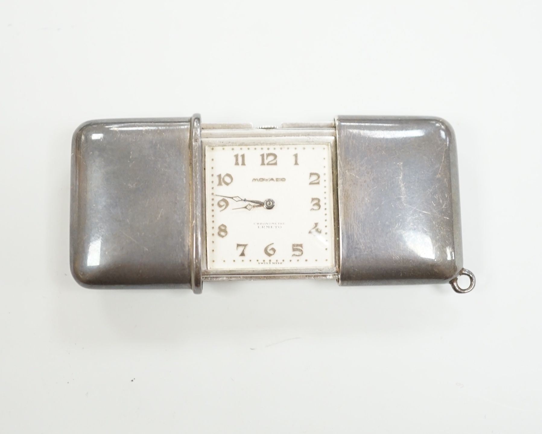 A 1920's silver cased Movado travelling watch, 47mm, import marks for London, 1928.
